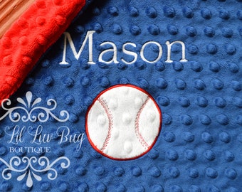 Personalized sports baseball baby lovey blanket - blue and red baseball - custom embroidered monogrammed