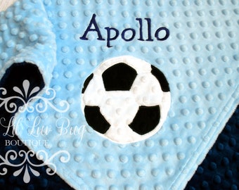 Personalized baby blanket sports ball minky - baby blue and navy soccer ball - custom name monogrammed embroidery gift set
