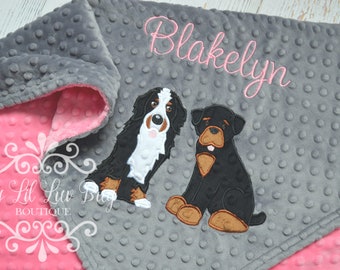 CHOOSE YOUR COLORS and breed - bernese and rottweiler puppy dogs dog minky - custom stroller embroidered monogrammed
