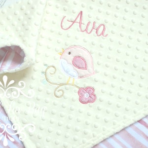 Bird flower baby blanket minky muted rose ivory light pink stripe stripes striped personalized gift set baby shower gift embroidered image 1