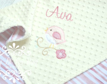 Bird flower baby blanket minky- muted rose ivory light pink stripe stripes striped personalized gift set - baby shower gift embroidered