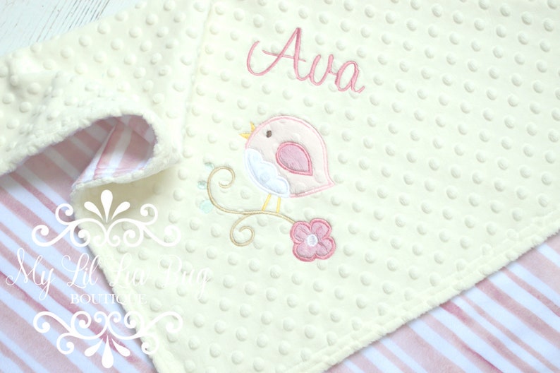 Bird flower baby blanket minky muted rose ivory light pink stripe stripes striped personalized gift set baby shower gift embroidered image 1