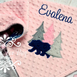 Personalized baby girl blanket trees and bear buffalo plaid name cabin quilt outdoors forest wilderness adventure lumberjack image 1