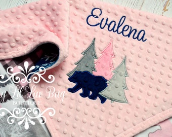 Personalized baby girl blanket - trees and bear buffalo plaid name - cabin quilt outdoors forest - wilderness adventure lumberjack