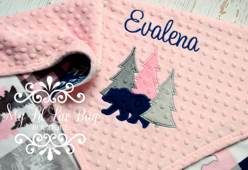 Personalized baby girl blanket trees and bear buffalo plaid name cabin quilt outdoors forest wilderness adventure lumberjack image 1