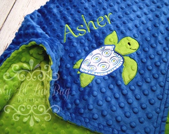 Personalized stroller blanket sea turtle- baby boy blanket ocean sea life - shower gift - custom embroidered monogrammed - made to order