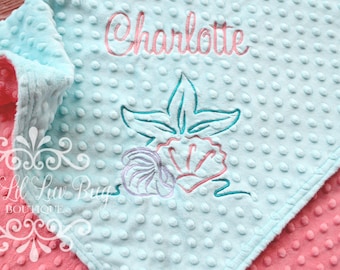 Personalized shells and starfish baby blanket - beach sea name nautical ocean life - custom embroidered baby shower gift