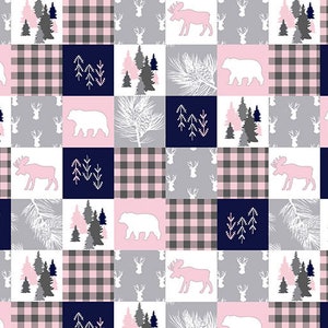 Personalized baby girl blanket trees and bear buffalo plaid name cabin quilt outdoors forest wilderness adventure lumberjack image 2