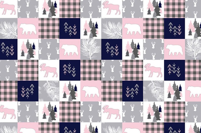 Personalized baby girl blanket trees and bear buffalo plaid name cabin quilt outdoors forest wilderness adventure lumberjack image 2