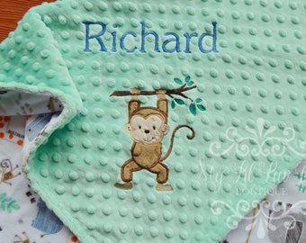 Personalized monkey jungle baby blanket with name - monkey baby blanket with branch - custom baby blanket - embroidered stroller blanket