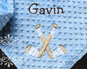 Personalized baby blanket minky - baby boy Hockey sticks blue and brown with name ice team - custom embroidered monogrammed - stroller