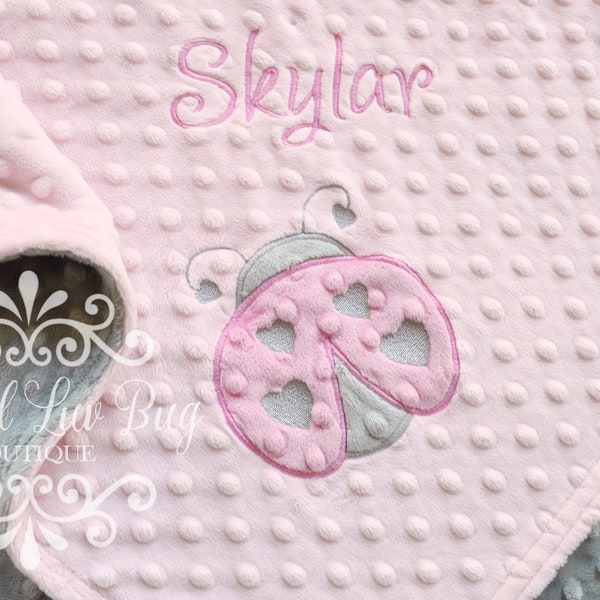 Minky baby blanket personalized ladybug pink and gray - name garden blanket - custom monogrammed embroidered stroller