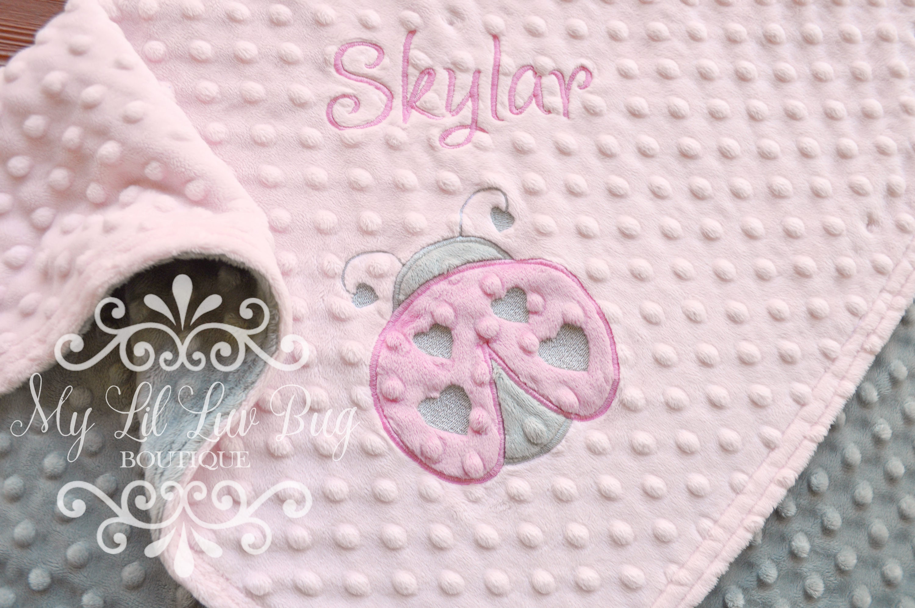 Minky Baby Blanket Personalized Ladybug Pink and Gray Name Garden