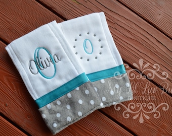 Personalized baby burp cloth - diaper burp cloth turquoise gray white polka dot - set of 2 prefold - custom embroidered baby shower gift