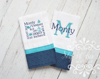 Birth Stats set of two personalized burp cloth -  nautical sailboat anchor sea ocean  - diaper navy blue - announcement - custom monogrammed