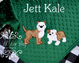 CHOOSE YOUR COLORS and breed - pitbull and english bulldog puppy dogs dog minky - custom stroller embroidered monogrammed