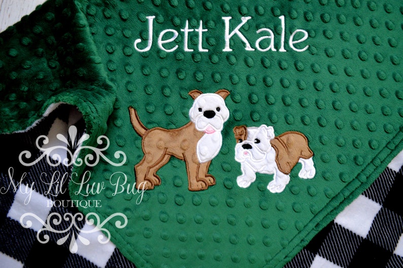 CHOOSE YOUR COLORS and breed pitbull and english bulldog puppy dogs dog minky custom stroller embroidered monogrammed image 1