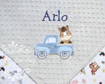 Vintage blue truck with horse baby blanket - minky personalized with name - farm animal barnyard baby custom embroidered - 30x35 stroller