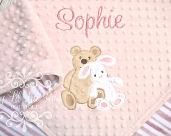 Teddy bear bunny rabbit baby blanket minky- muted rose pink stripe stripes striped personalized gift set - baby shower gift embroidered