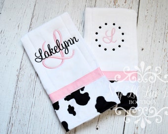 Personalized Burp cloth set- light pink and black cow print minky - baby burp cloth prefold diaper