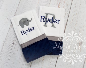 Personalized elephant Burp cloth set of two - diaper with name - elephant navy and gray - jungle safari - monogrammed custom embroidered
