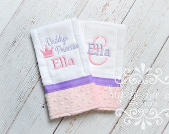 Daddy's Princess crown baby burp cloth set of 2 personalized - pink and lavender- prefold diaper embroidery custom babygift set