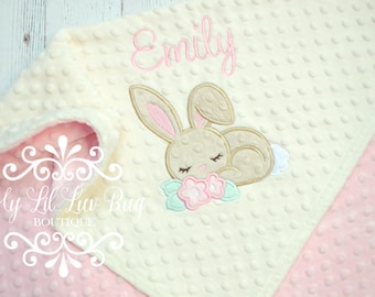Personalized sleeping bunny flowers baby blanket - bunny rabbit white woodland wild animal floral - ivory and pink