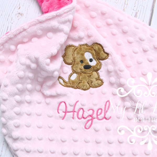 Puppy patch dog personalized baby blanket minky - dog breed pink and fuchsia lovey blanket - custom embroidery gift