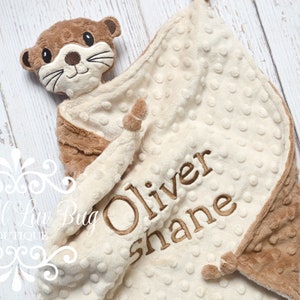 Small baby otter lovey blanket personalized comfort stuffed sea river security corner knots custom monogrammed embroidery shower gift image 1