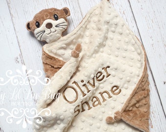 Small baby otter lovey blanket personalized - comfort stuffed sea river security corner knots - custom monogrammed embroidery - shower gift