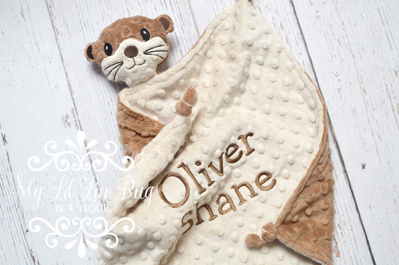 Small baby otter lovey blanket personalized comfort stuffed sea river security corner knots custom monogrammed embroidery shower gift image 1