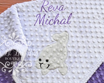 Minky Blanket Personalized - CHOOSE YOUR COLORS - lavender jewel purple sea life manatee ocean- large stroller embroidered baby gift