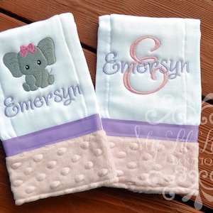 Personalized burp cloth set of two elephant bow prefold diaper burp cloths custom baby girl gift burp cloth embroidered jungle image 1