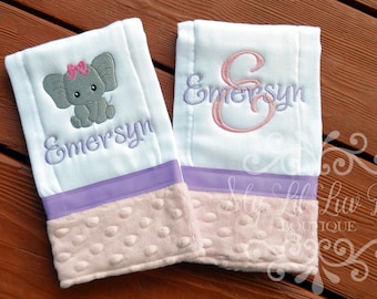 Personalized burp cloth set of two - elephant bow prefold diaper burp cloths - custom baby girl gift - burp cloth embroidered jungle