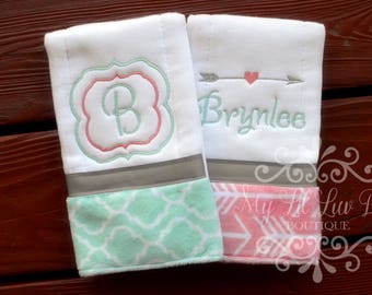 Personalized Girl Burp cloth set arrow - prefold diaper burp cloths - monogrammed burp cloths - set of two - burp cloths embroidered