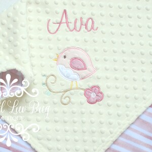 Bird flower baby blanket minky muted rose ivory light pink stripe stripes striped personalized gift set baby shower gift embroidered image 3