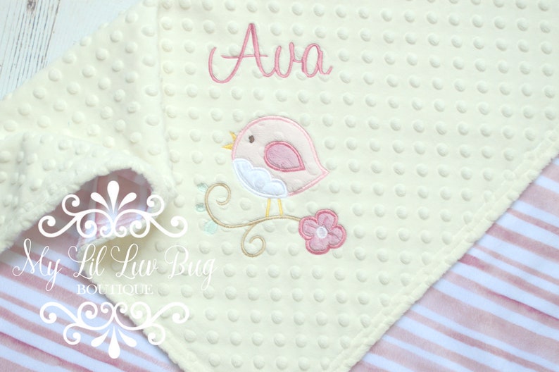 Bird flower baby blanket minky muted rose ivory light pink stripe stripes striped personalized gift set baby shower gift embroidered image 3