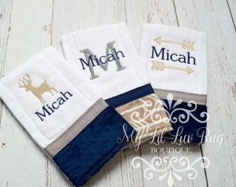 Personalized buck deer and arrow burp cloth set of 3 sand and navy - prefold diaper hunting adventure wildlife - monogrammed embroidered