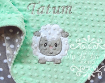Personalized sheep baby blanket with name - lamb baby blanket opal and grey polka dot - mint and grey blanket - large stroller blanket