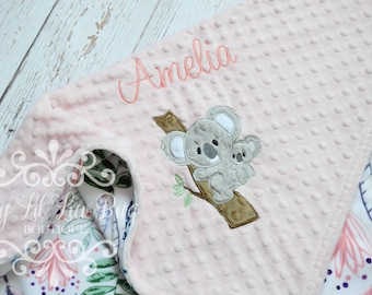 Koala bear personalized minky blanket - name baby blanket - jungle baby blanket -  baby gifts monogrammed embroidered - baby shower