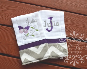 Personalized butterfly Burp cloth set of 2 - chevron print gray and purple prefold diaper - monogrammed embroidered custom name