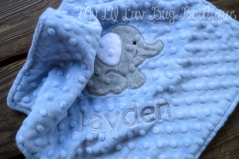 Personalized Minky Baby Blanket Baby Blue and Grey Elephant Etsy