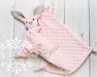 Small bunny lovey blanket personalized - pink and gray comfort stuffed bunny rabbit security corner knots - custom monogrammed embroidery