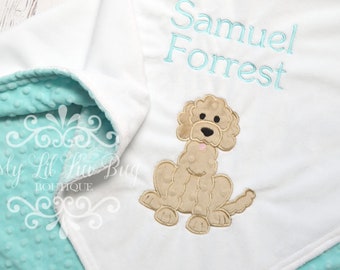 Labradoodle goldendoodle puppy dog minky blanket  - lab poodle doodle puppy - custom stroller blanket embroidered monogrammed