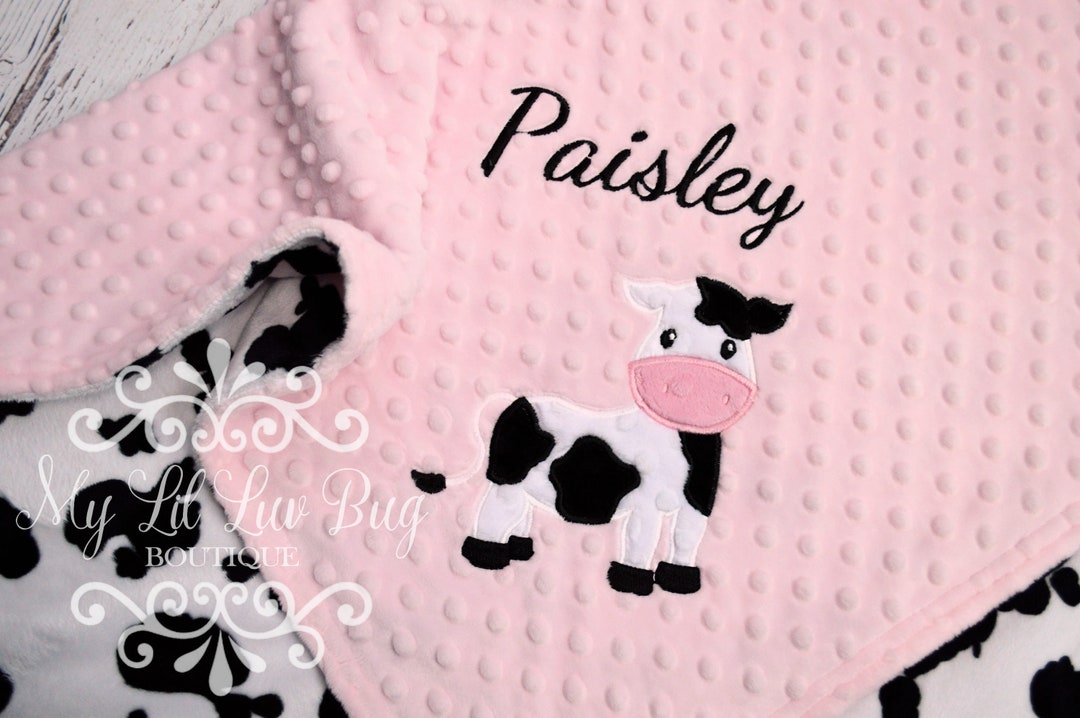 Pink and Black Cow Baby Blanket With Name Personalized Baby Blanket Cow