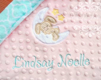 Small personalized bunny rabbit minky baby blanket lovey - security blanket moon and stars sleeping woodland - monogrammed