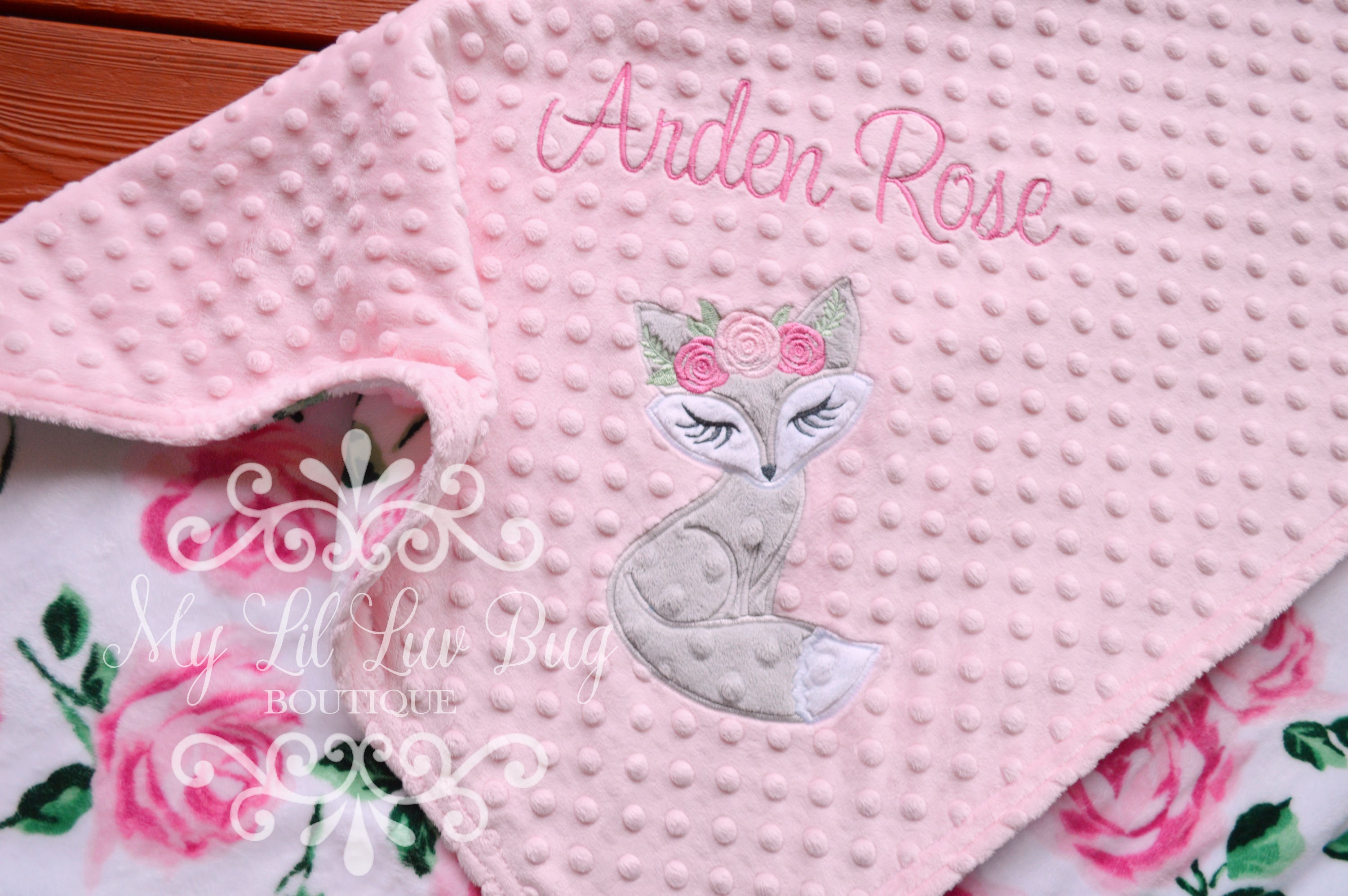 Personalized Baby Blanket Fox Lavender Rose With Name Floral Etsy