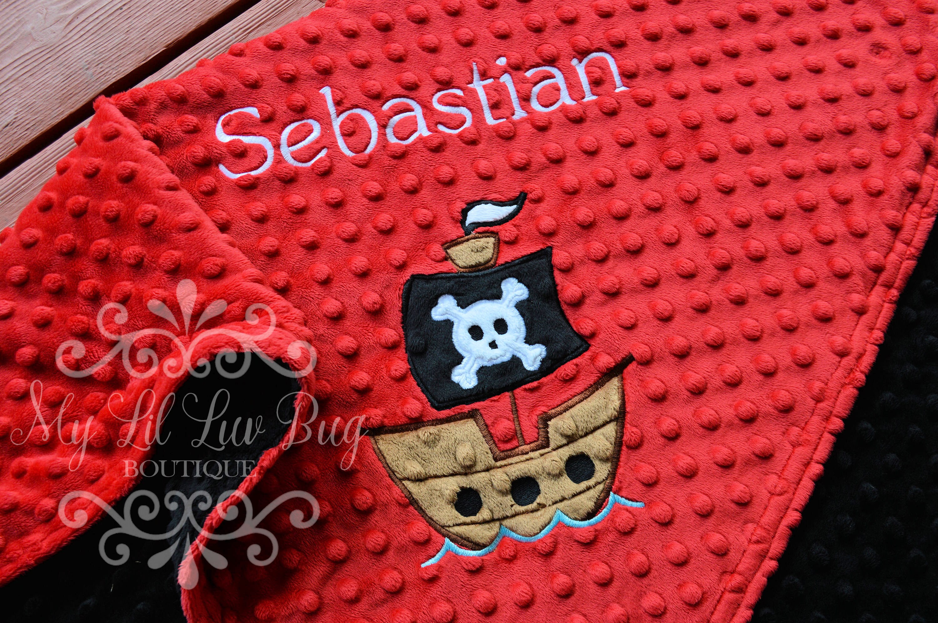Personalized Baby Blanket- Red and Black Pirate Ship Stroller