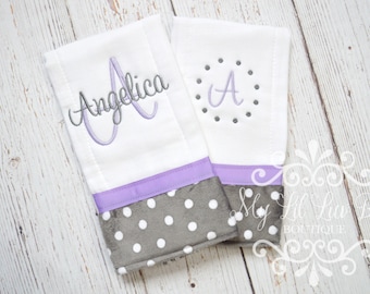 Personalized baby burp cloth - lavender with grey and white polka dot - set of 2 prefold