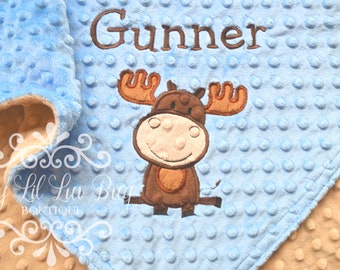 Personalized minky baby blanket- moose baby blanket with name- sky blue and brown- baby stroller blanket, Personalized blanket